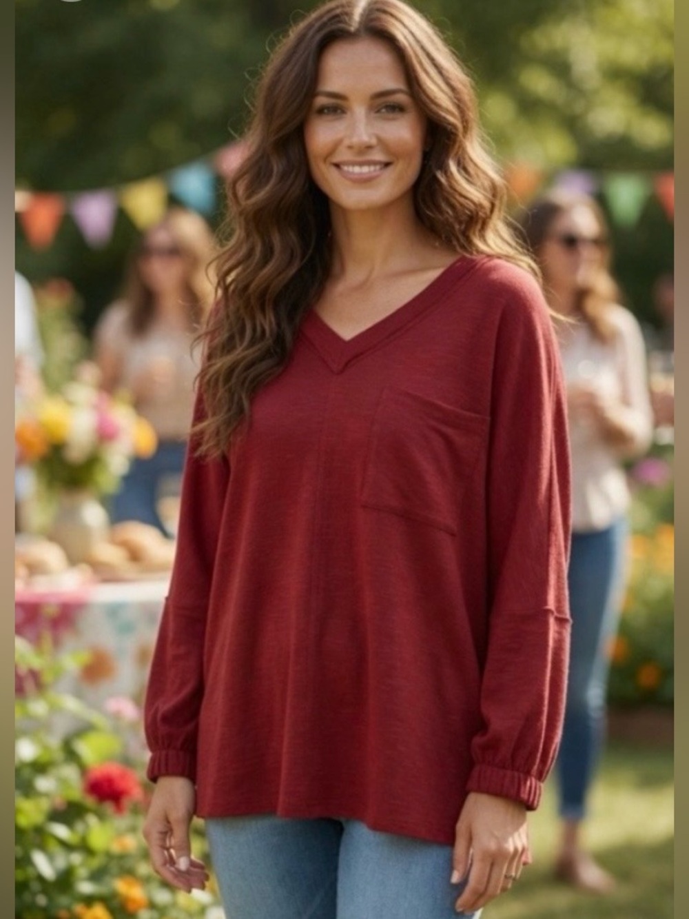 Andree Rust/Red Oversized V-Neck Bat Wing Sleeves w/ Pocket Soft Top NWT
